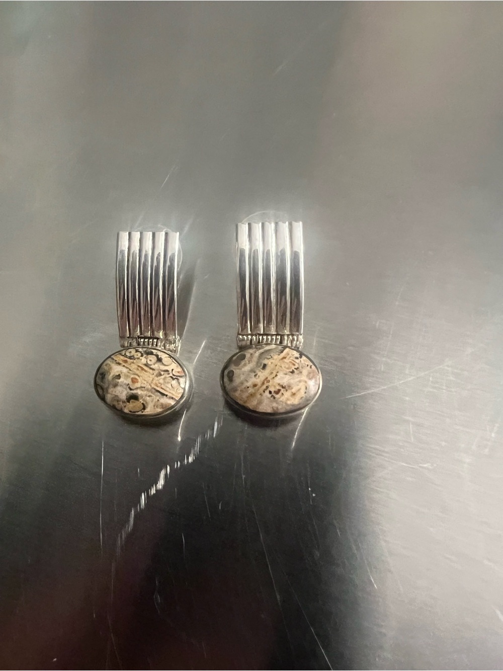 Sterling Silver Jasper Post Earrings in Beige and Cream